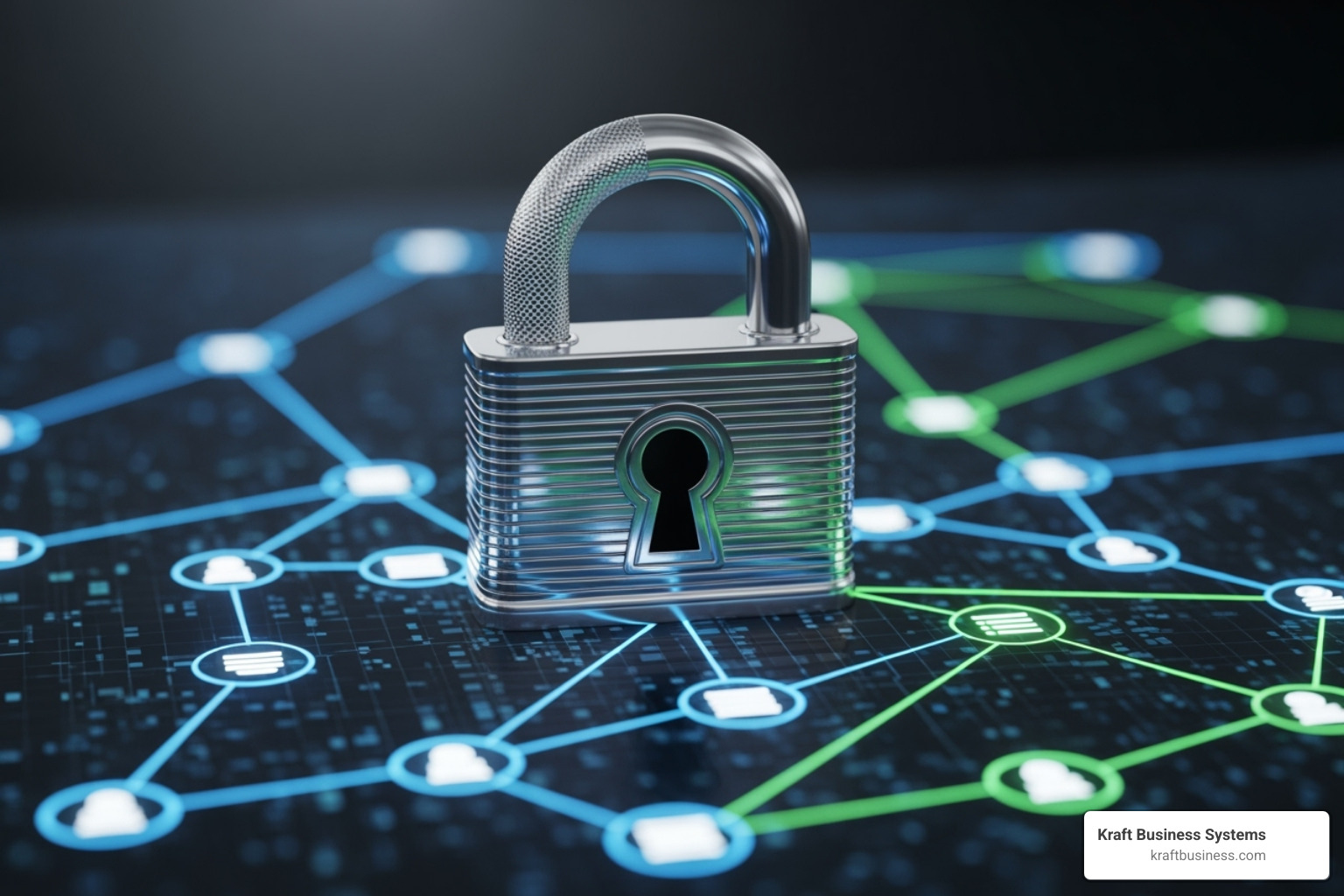 Secure data lock icon overlaying a network diagram - Reliable IT solutions