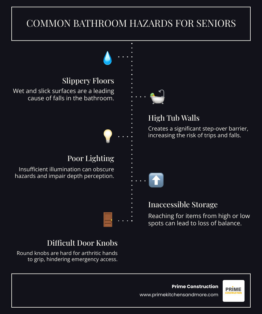 Infographic showing common bathroom hazards for seniors including slippery wet floors with a 80% fall statistic, high bathtub walls creating step-over barriers, poor lighting causing visibility issues, hard-to-reach storage requiring dangerous stretching, and round door knobs that are difficult to grip, with safety solutions like non-slip surfaces, walk-in showers, bright LED lighting, accessible storage niches, and lever-style handles - shower remodel for seniors infographic infographic-line-5-steps-dark
