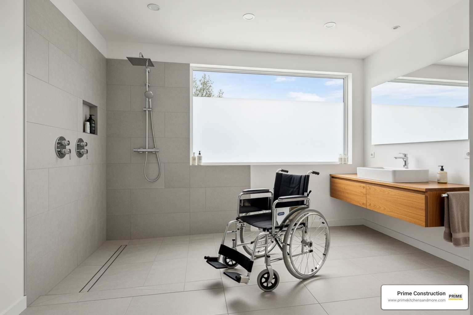 a sleek, curbless roll-in shower with a wheelchair nearby - shower remodel for seniors