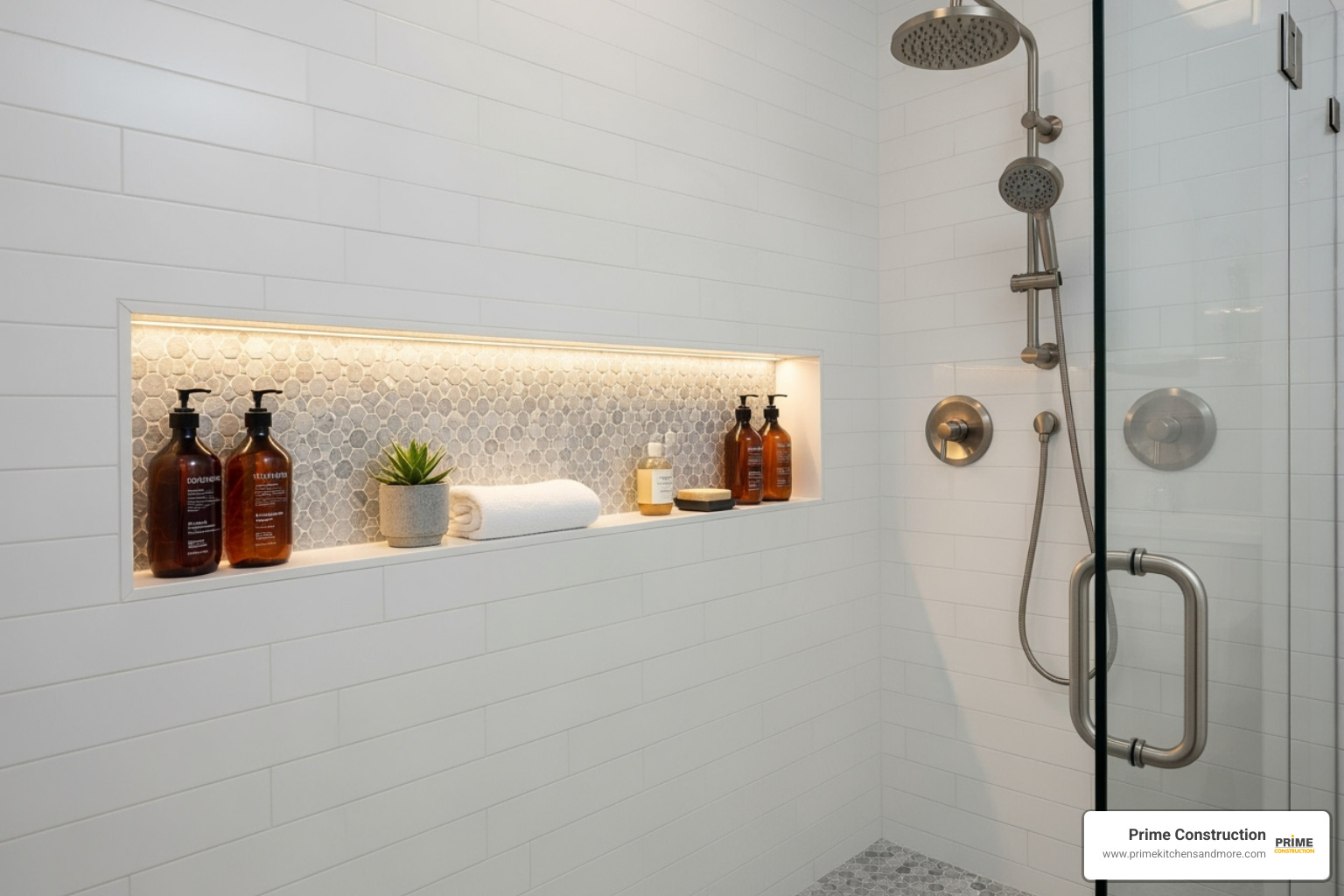 a shower with a large, well-placed recessed niche - shower remodel for seniors