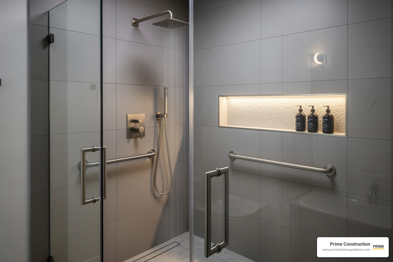 a modern shower with stylish, integrated grab bars that match the fixtures - shower remodel for seniors