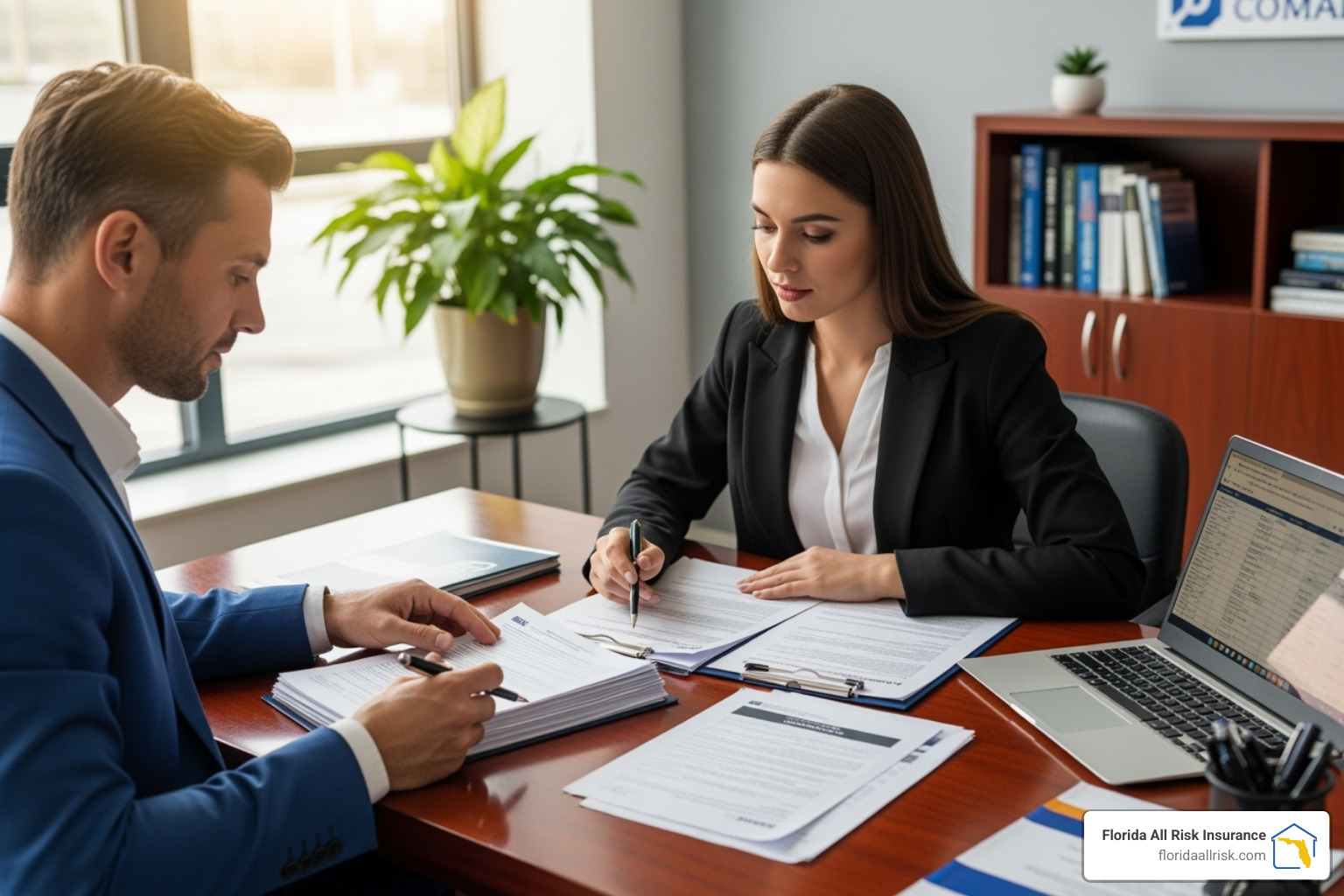 A business owner reviewing insurance documents with an insurance agent - what are group health insurance plans A business owner reviewing insurance documents with an insurance agent - what are group health insurance plans