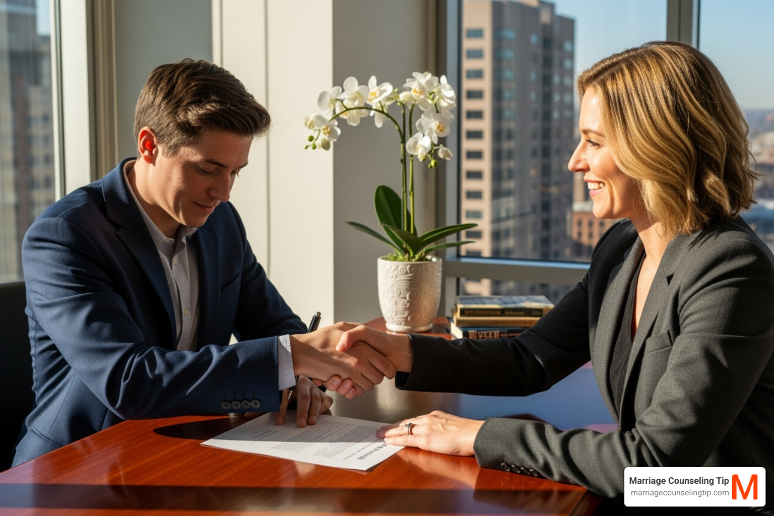 Couple signing a document and shaking hands - common law spouse