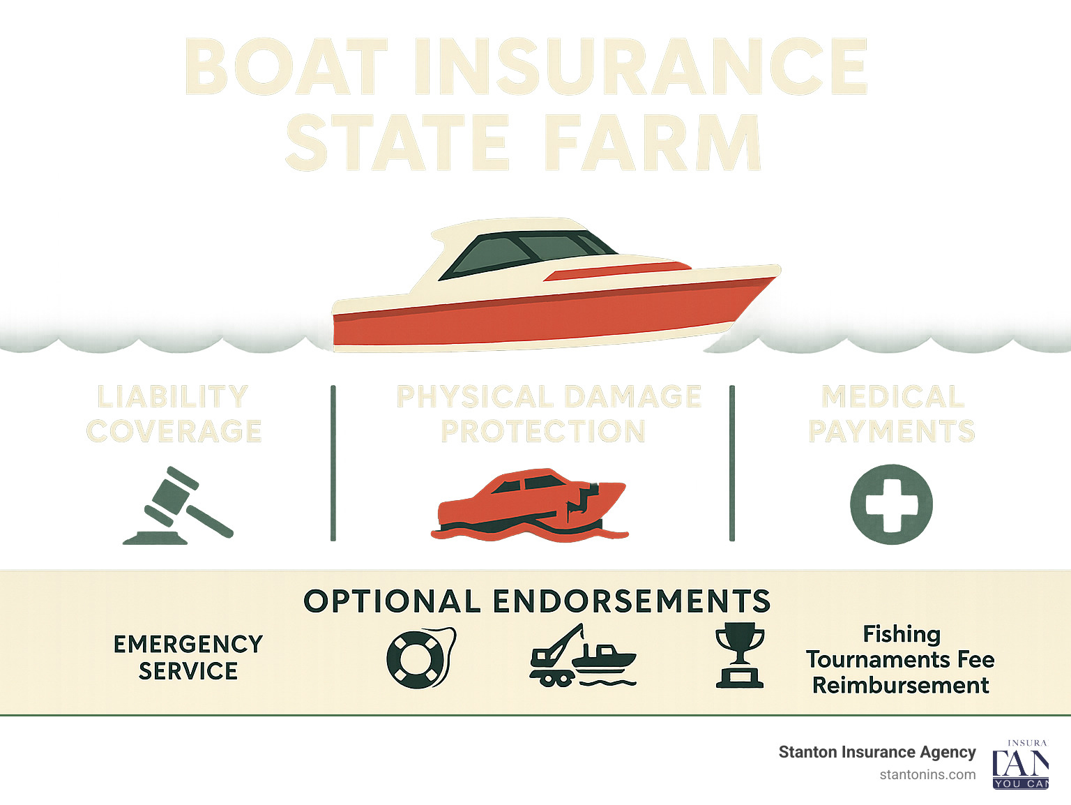 State Farm boat insurance coverage breakdown showing liability coverage, physical damage protection, medical payments, and optional endorsements like emergency service, wreck removal, and fishing tournament fee reimbursement - boat insurance state farm infographic 