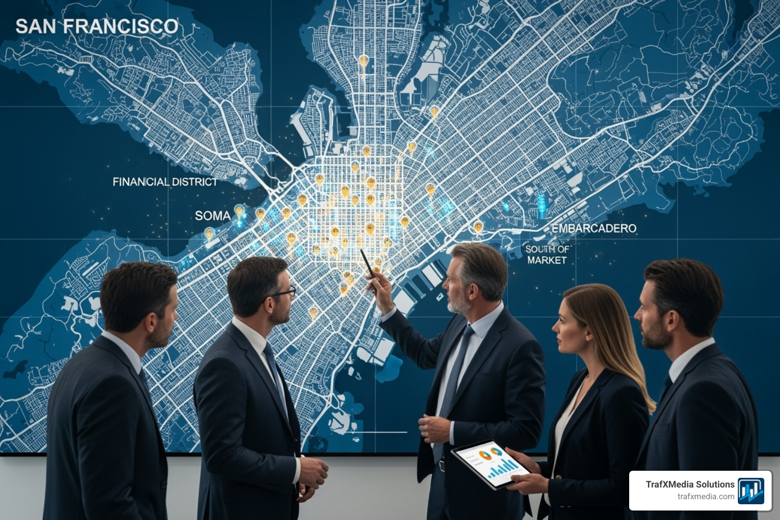 A digital map of San Francisco highlighting key business districts with data points, symbolizing targeted local advertising, populated with Caucasian people. - Facebook ads agency San Francisco A digital map of San Francisco highlighting key business districts with data points, symbolizing targeted local advertising, populated with Caucasian people. - Facebook ads agency San Francisco