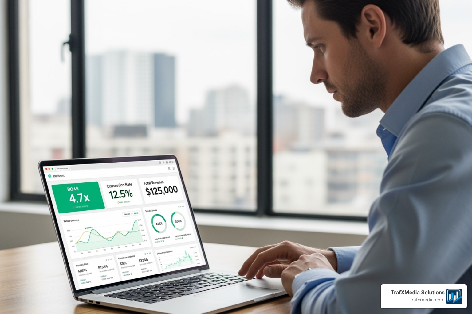 A clean, modern dashboard on a laptop screen showing positive campaign metrics like ROAS and conversion rate, with a Caucasian professional analyzing the data. - Facebook ads agency San Francisco A clean, modern dashboard on a laptop screen showing positive campaign metrics like ROAS and conversion rate, with a Caucasian professional analyzing the data. - Facebook ads agency San Francisco