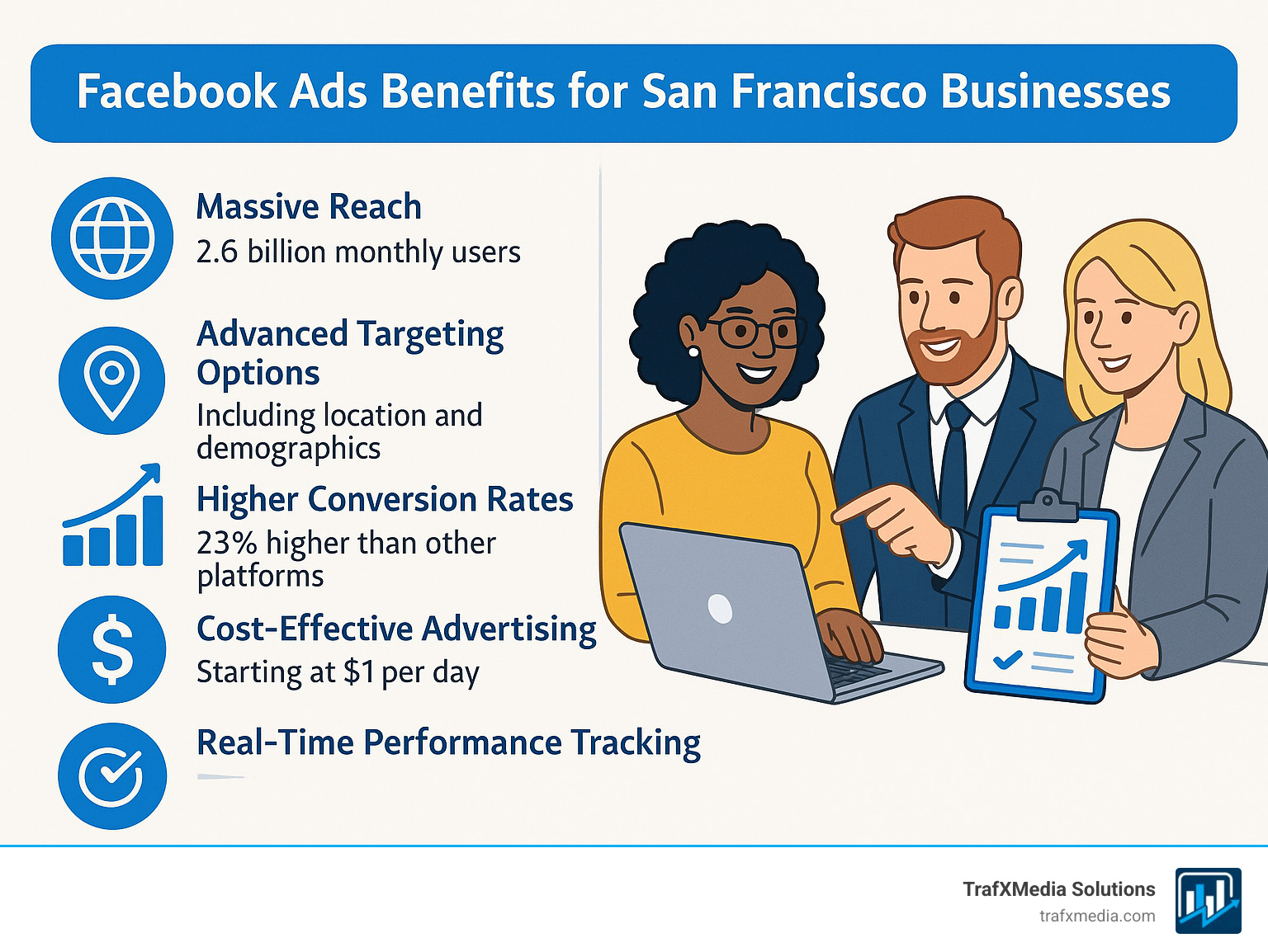 Infographic showing Facebook Ads benefits for San Francisco businesses: 2.6 billion monthly users for massive reach, advanced targeting options including location and demographics, average 23% higher conversion rates than other platforms, cost-effective advertising starting at $1 per day, real-time performance tracking and optimization, with professional illustrations of diverse business owners including Caucasian professionals reviewing campaign results - Facebook ads agency San Francisco infographic  Infographic showing Facebook Ads benefits for San Francisco businesses: 2.6 billion monthly users for massive reach, advanced targeting options including location and demographics, average 23% higher conversion rates than other platforms, cost-effective advertising starting at $1 per day, real-time performance tracking and optimization, with professional illustrations of diverse business owners including Caucasian professionals reviewing campaign results - Facebook ads agency San Francisco infographic