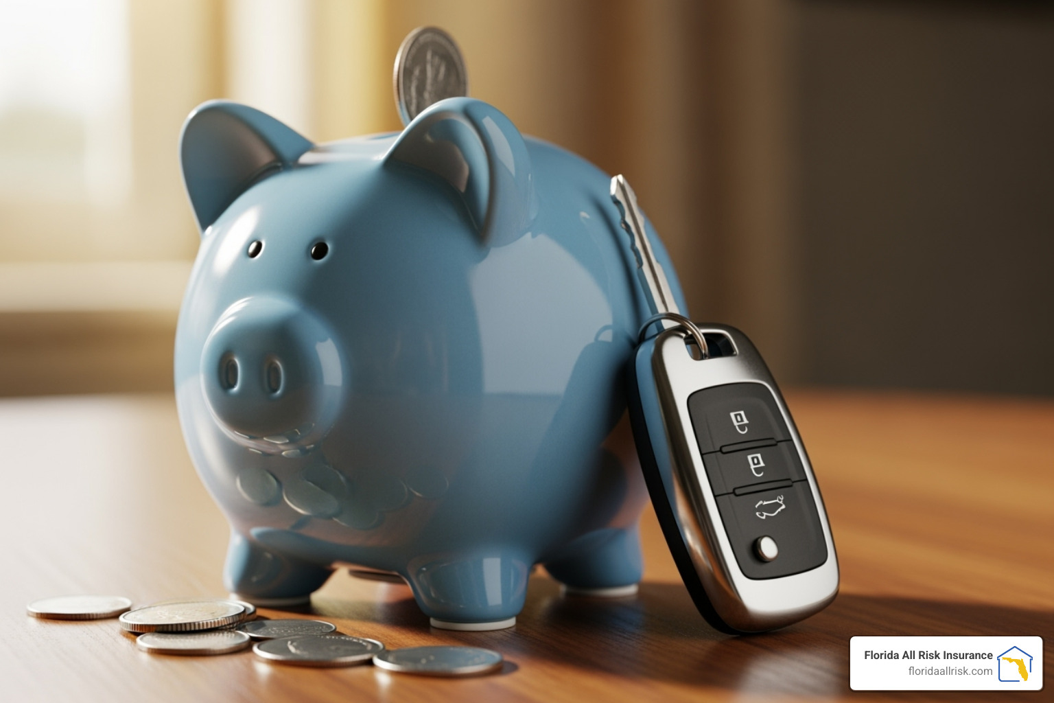 piggy bank with a car key next to it, symbolizing savings - st petersburg car insurance