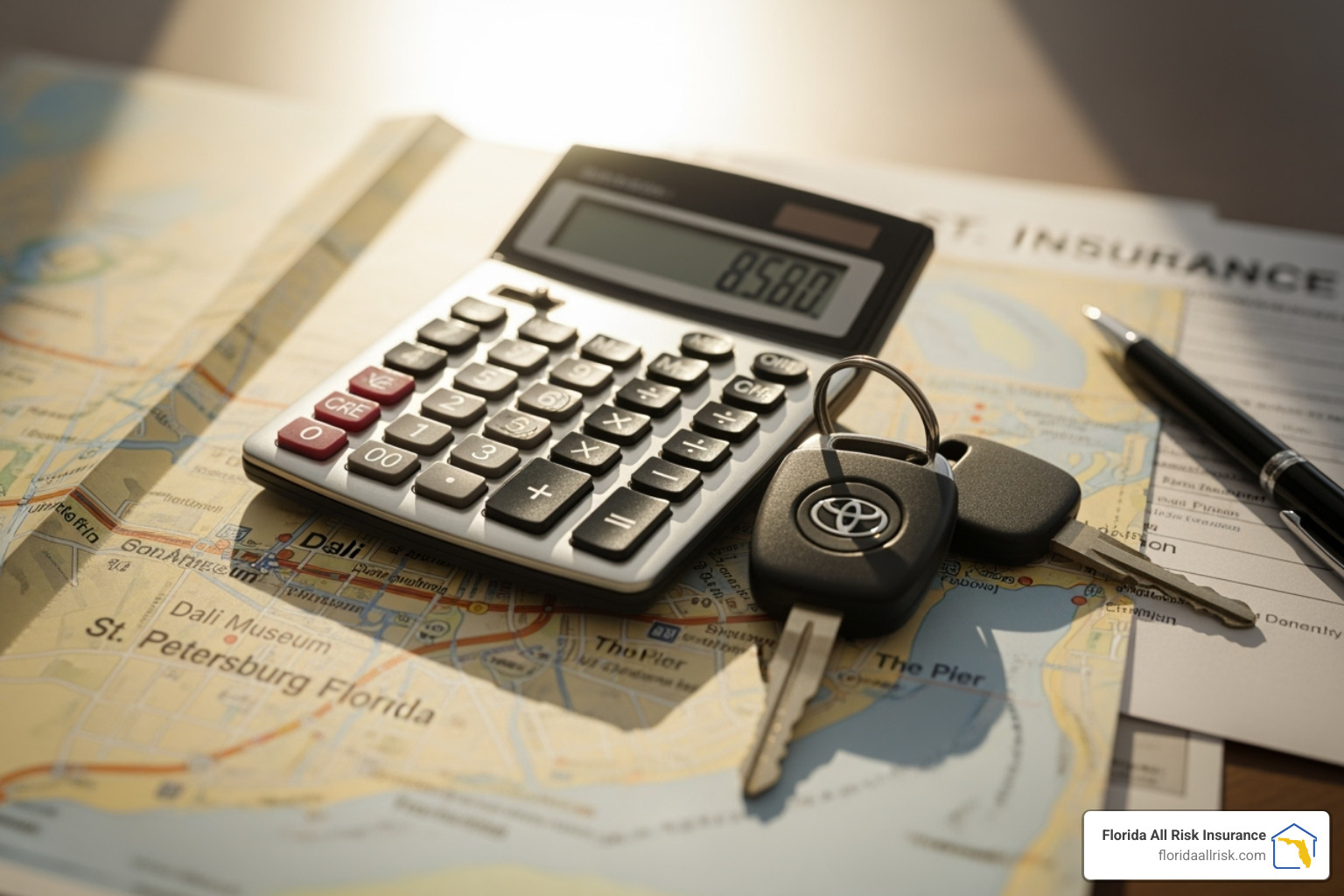 calculator and car keys on a map of St. Petersburg - st petersburg car insurance