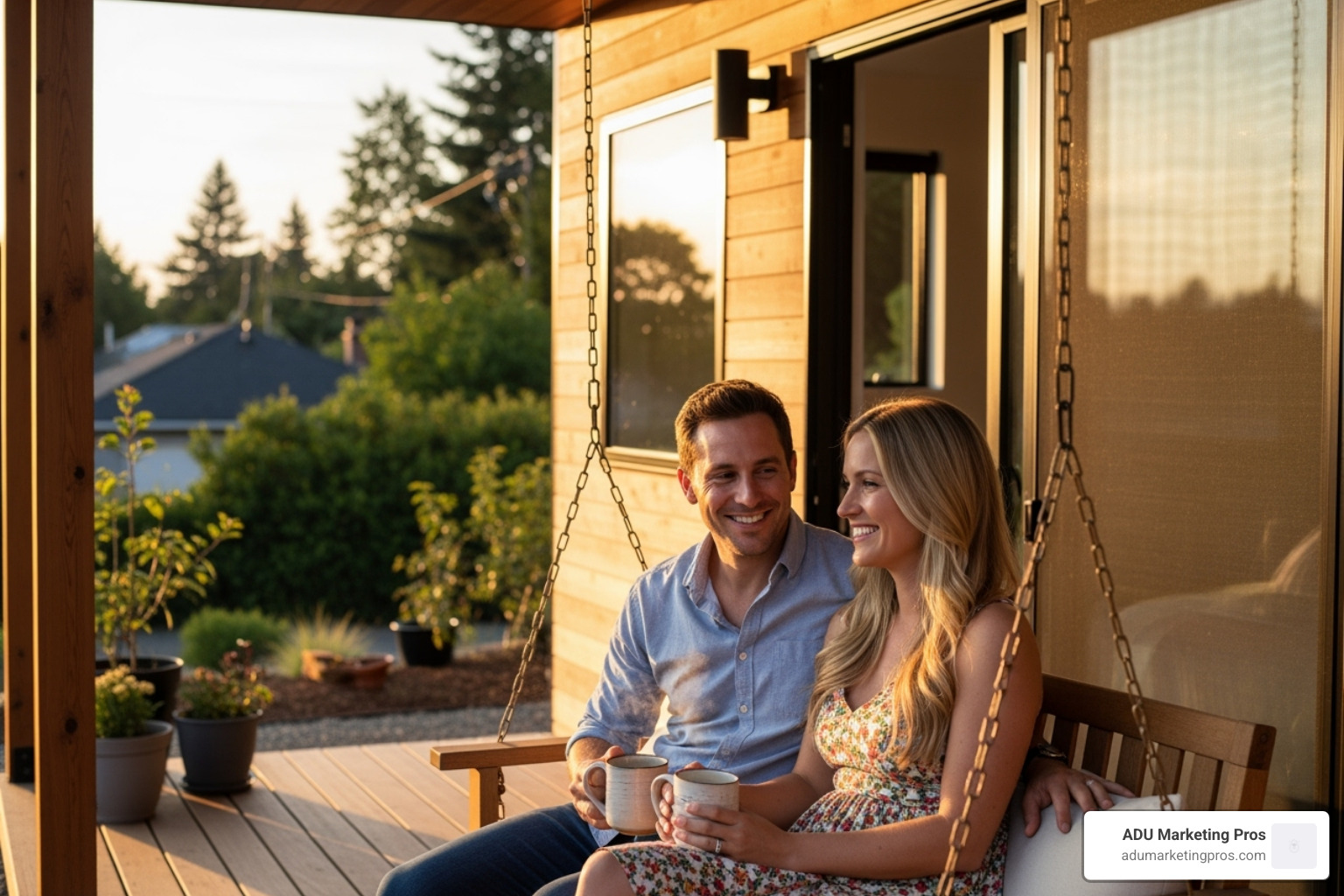 A smiling couple enjoying coffee on the porch of their new garage conversion ADU, bathed in warm morning light. - cali adu