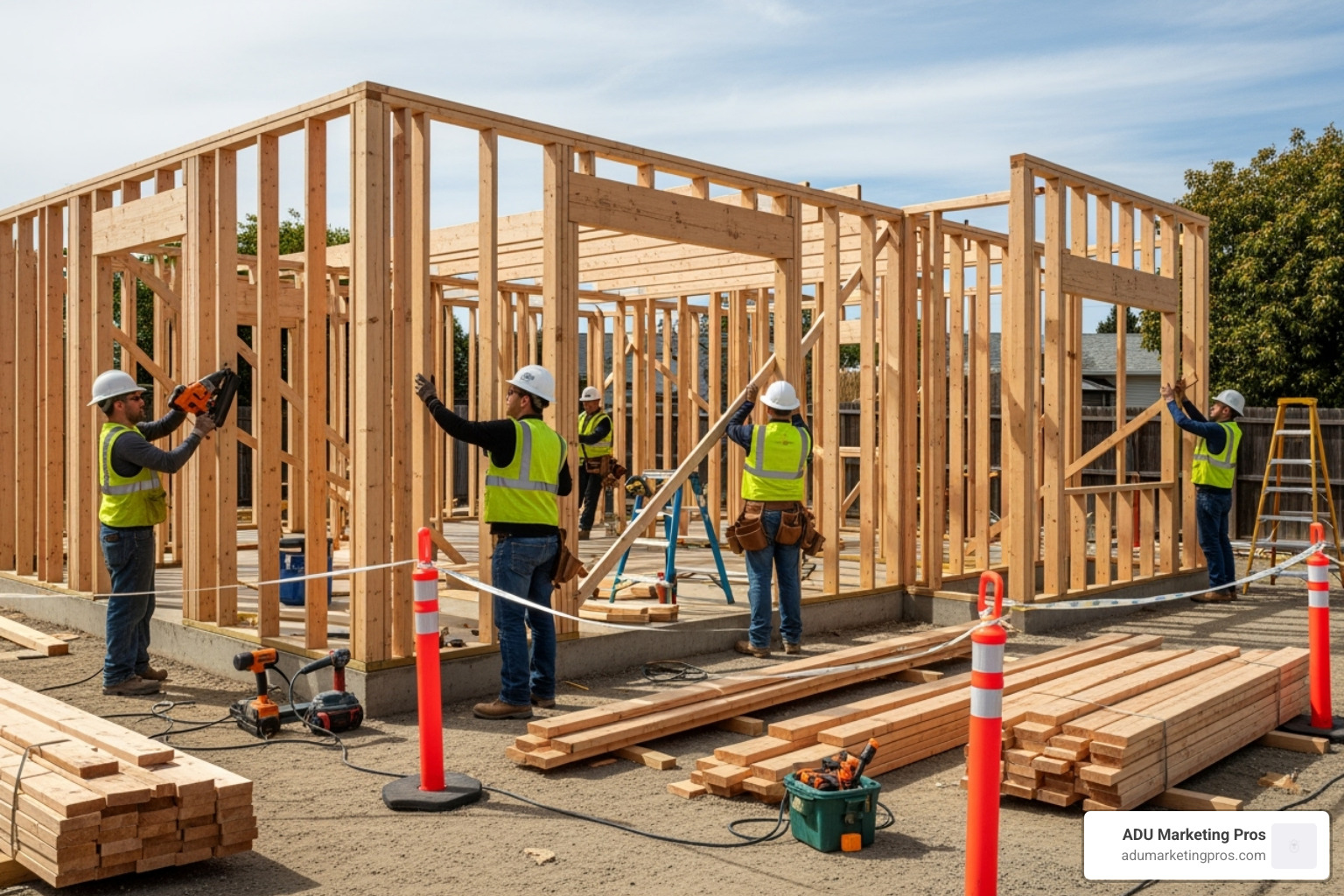 A clean and organized ADU construction site, showing the framing stage with builders at work, highlighting precision and safety. - cali adu