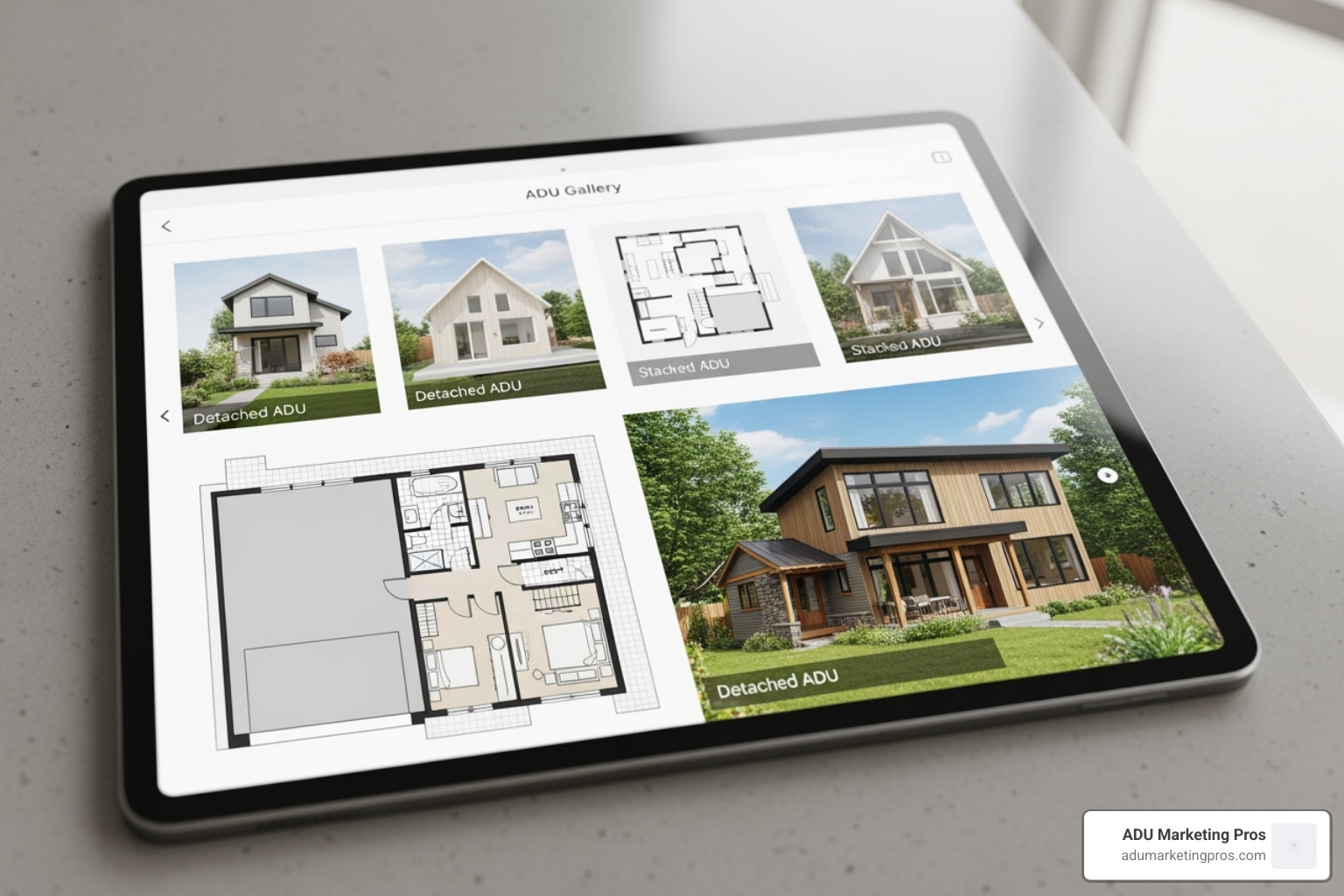 A digital gallery showcasing diverse ADU plans, including garage conversions and detached units in various architectural styles, presented on a sleek tablet interface. - cali adu
