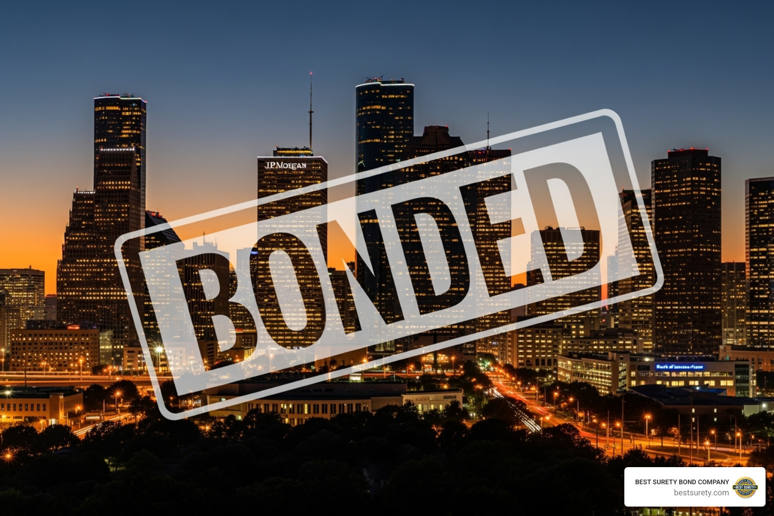 Houston skyline with Bonded stamp - Get bonded Texas