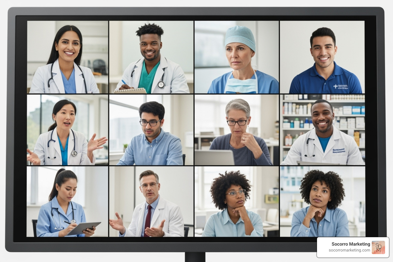 a diverse group of healthcare professionals in a virtual meeting - remote healthcare jobs colorado