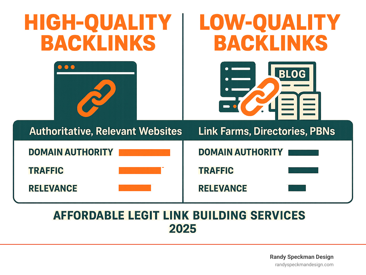 Infographic comparing high-quality backlinks from authoritative, relevant websites with contextual placement versus low-quality backlinks from link farms, directories, and private blog networks showing metrics like domain authority, traffic, and relevance scores - affordable legit link building services infographic 