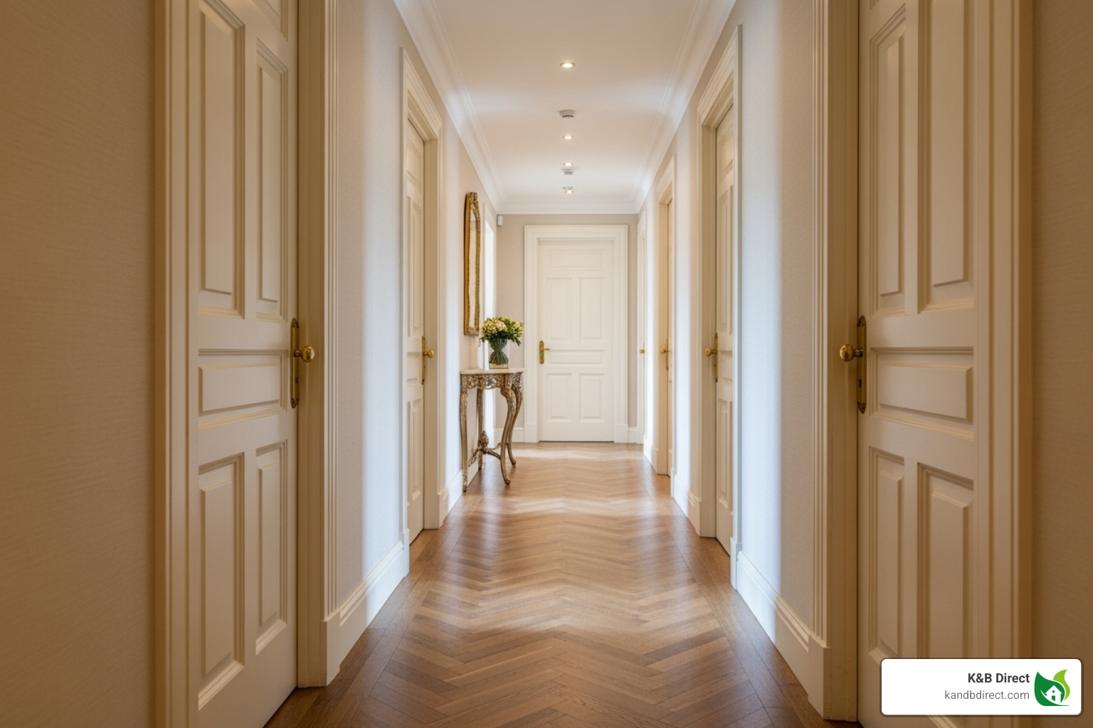 A hallway featuring classic 6-panel interior doors, creating a timeless and neat look. - interior foors A hallway featuring classic 6-panel interior doors, creating a timeless and neat look. - interior foors