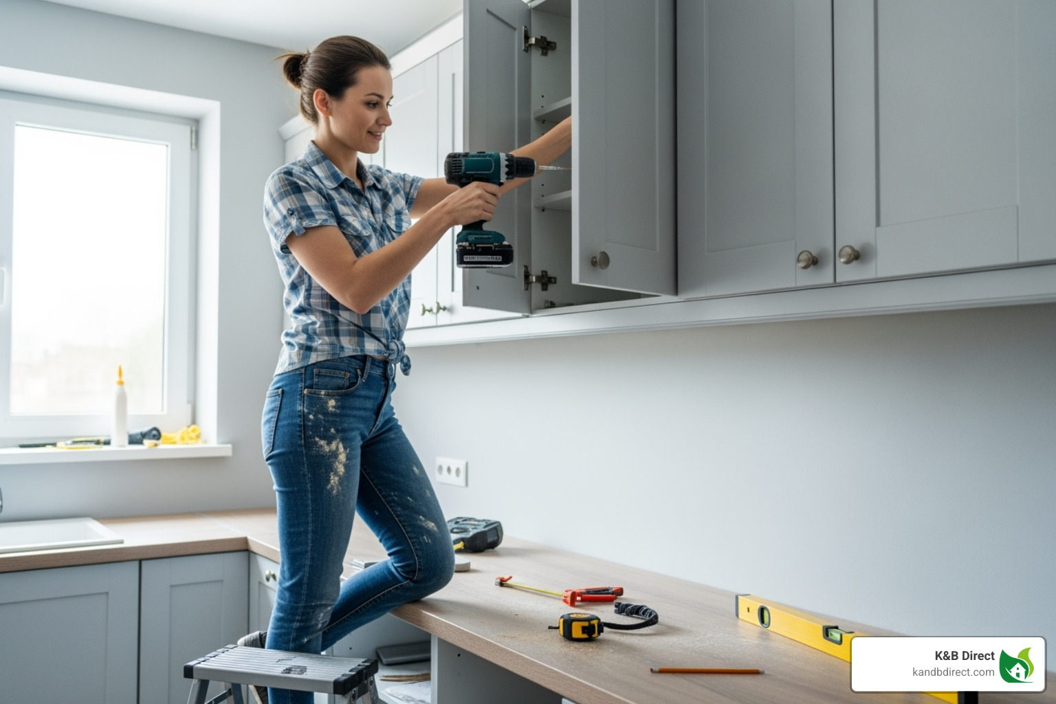 homeowner successfully installing a new kitchen cabinet - Kitchen cabinets