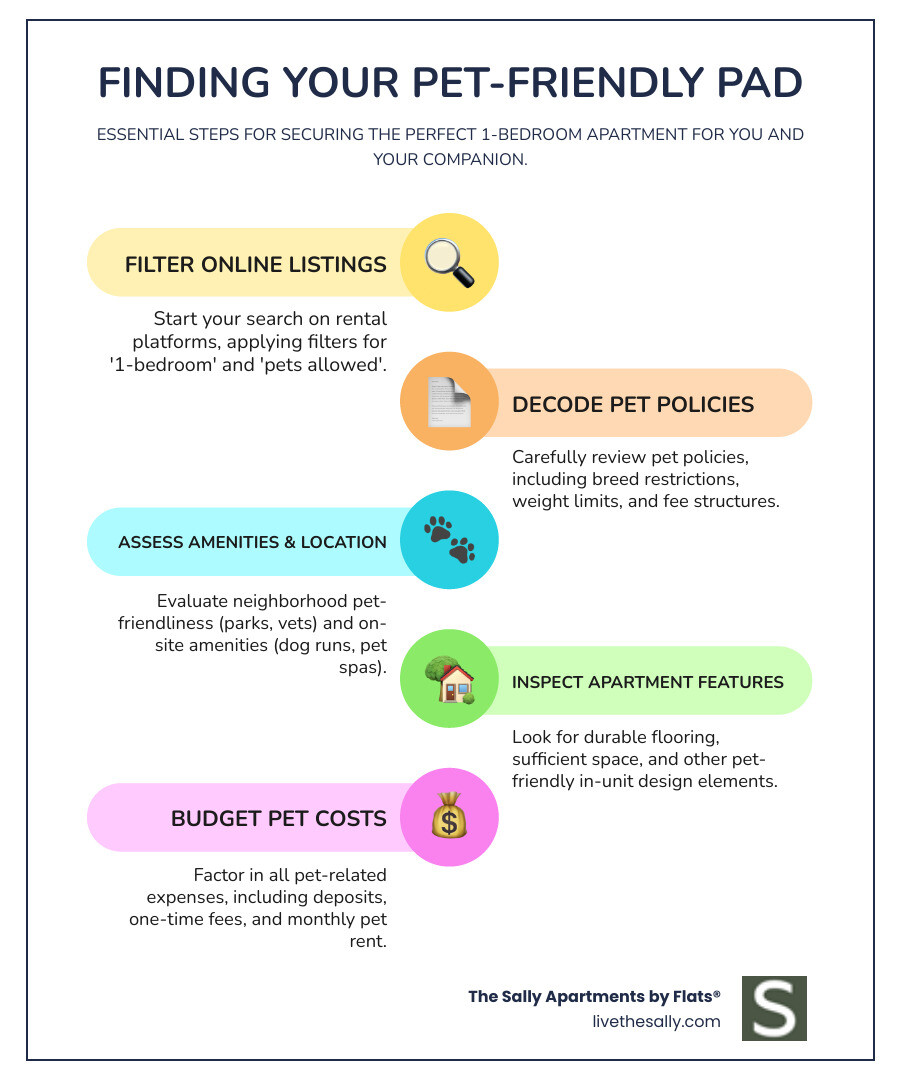 Infographic showing the essential steps for finding pet-friendly 1 bedroom apartments: start with filtered online searches, verify pet policies and restrictions, evaluate neighborhood pet amenities like parks and vet services, inspect apartment features like flooring and space, understand total pet-related costs including deposits and monthly fees, and schedule visits to assess community pet amenities - pet friendly 1 bedroom apartments infographic infographic-line-5-steps-colors Infographic showing the essential steps for finding pet-friendly 1 bedroom apartments: start with filtered online searches, verify pet policies and restrictions, evaluate neighborhood pet amenities like parks and vet services, inspect apartment features like flooring and space, understand total pet-related costs including deposits and monthly fees, and schedule visits to assess community pet amenities - pet friendly 1 bedroom apartments infographic infographic-line-5-steps-colors
