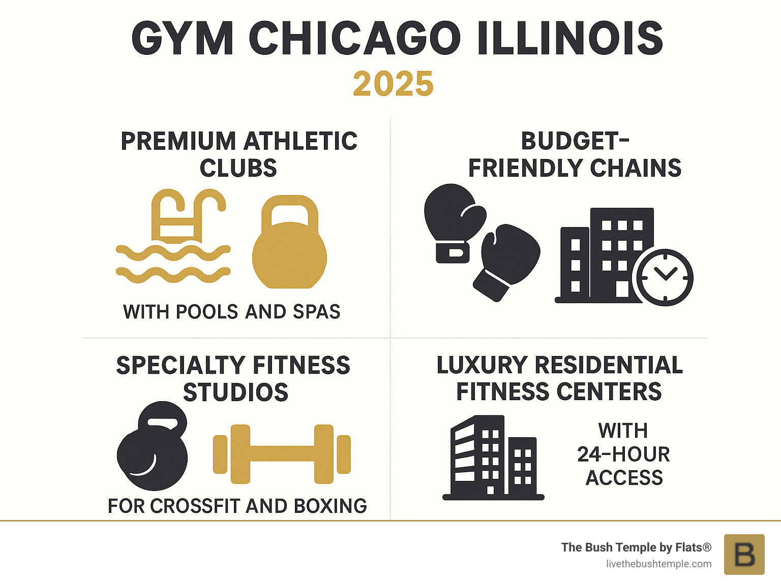 Comprehensive breakdown of Chicago gym types including premium athletic clubs with pools and spas, specialty fitness studios for CrossFit and boxing, widely available chain locations, and luxury residential fitness centers with 24-hour access - gym chicago illinois infographic  Comprehensive breakdown of Chicago gym types including premium athletic clubs with pools and spas, specialty fitness studios for CrossFit and boxing, widely available chain locations, and luxury residential fitness centers with 24-hour access - gym chicago illinois infographic