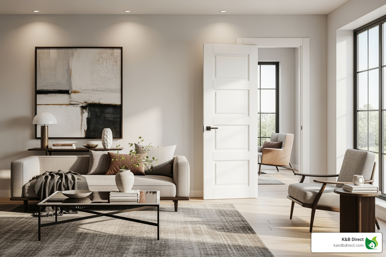 modern living room with white Shaker-style door - modern interior doors prehung