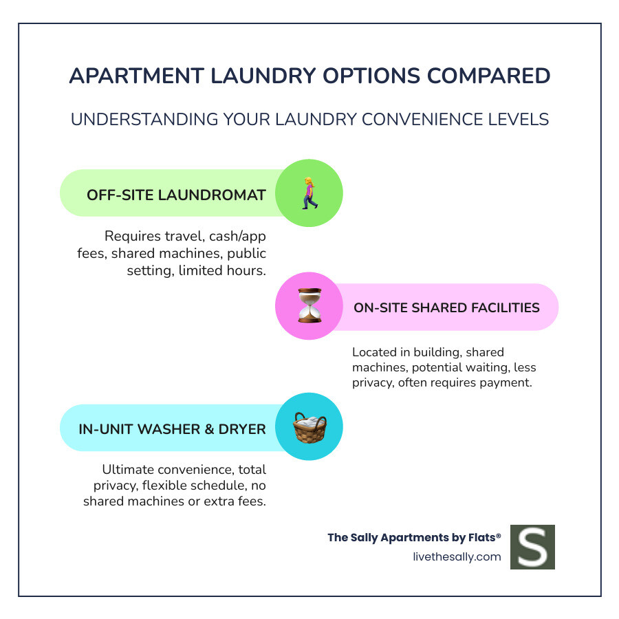 Comprehensive comparison chart showing the differences between in-unit laundry, on-site shared facilities, and off-site laundromat options, including time commitment, privacy levels, and convenience factors for apartment renters - apartments with in unit laundry infographic infographic-line-3-steps-colors Comprehensive comparison chart showing the differences between in-unit laundry, on-site shared facilities, and off-site laundromat options, including time commitment, privacy levels, and convenience factors for apartment renters - apartments with in unit laundry infographic infographic-line-3-steps-colors
