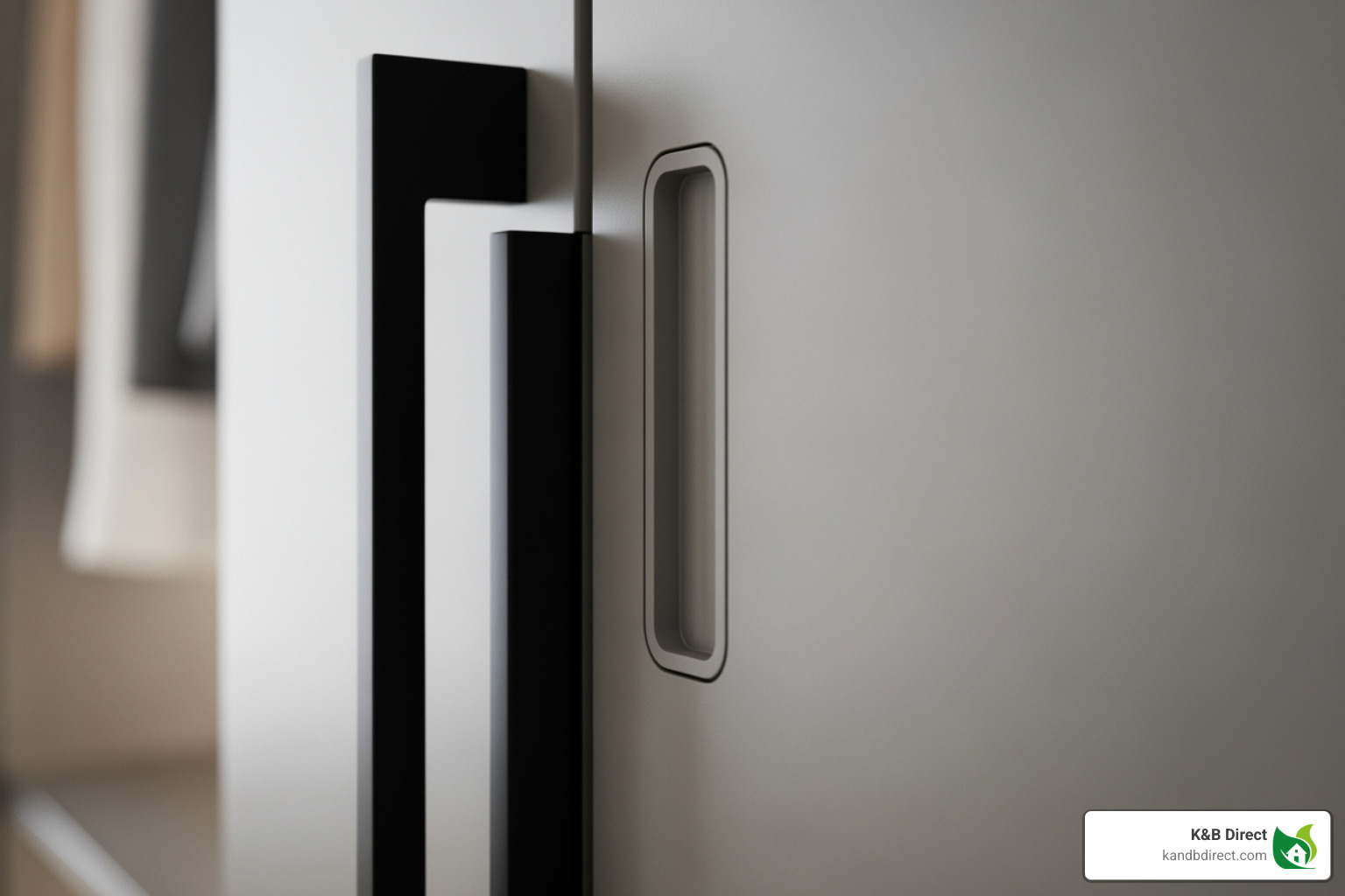 Stylish, minimalist door hardware like a long black pull handle or a recessed finger pull - modern interior closet doors