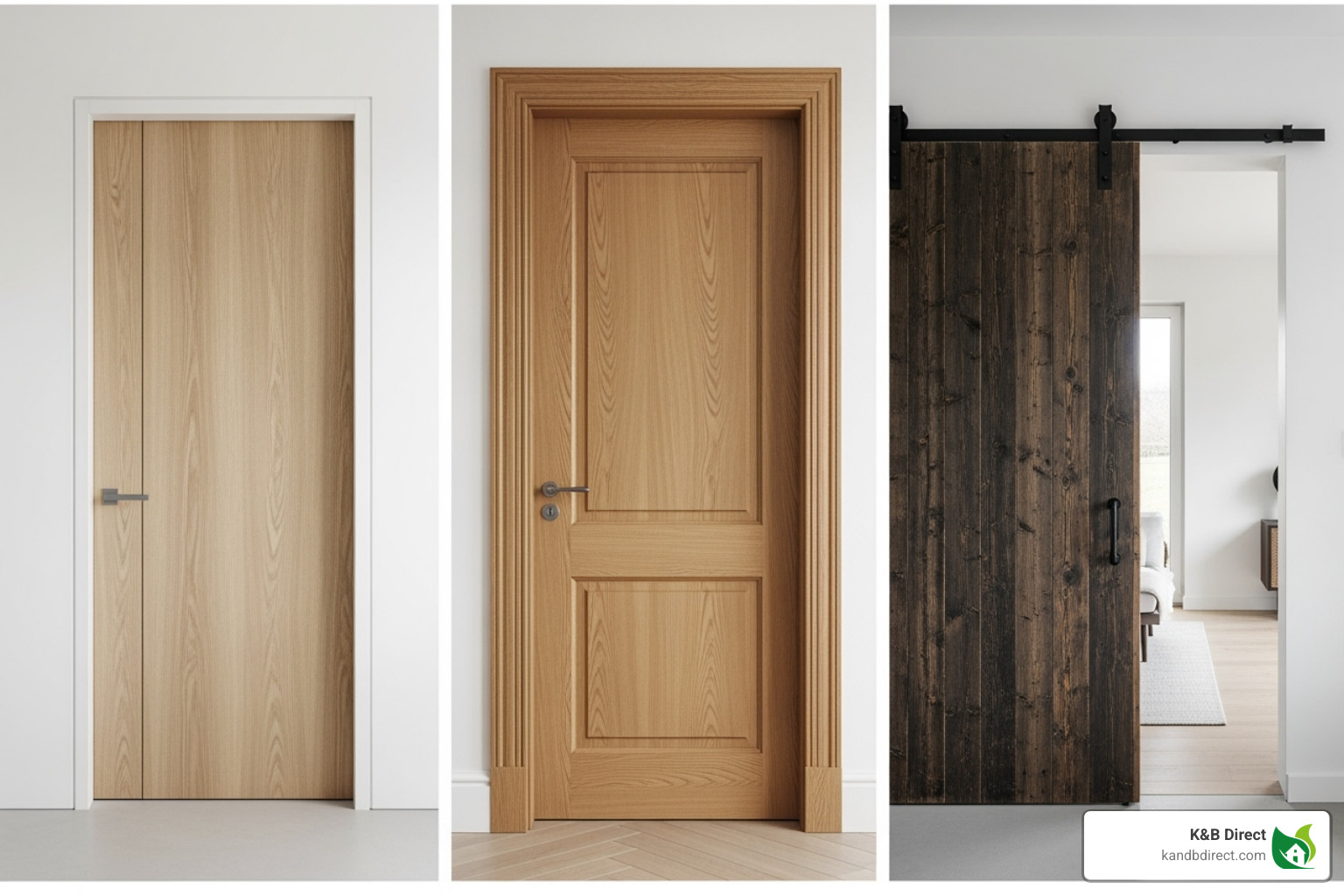 collage showcasing different modern door styles like flush, shaker, and barn doors - modern interior wood doors