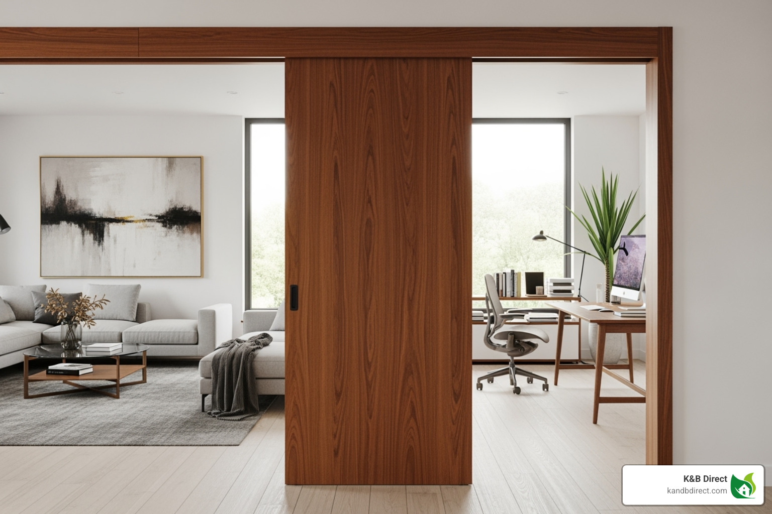 open-plan living area where a modern wood door separates the space from a home office - modern interior wood doors