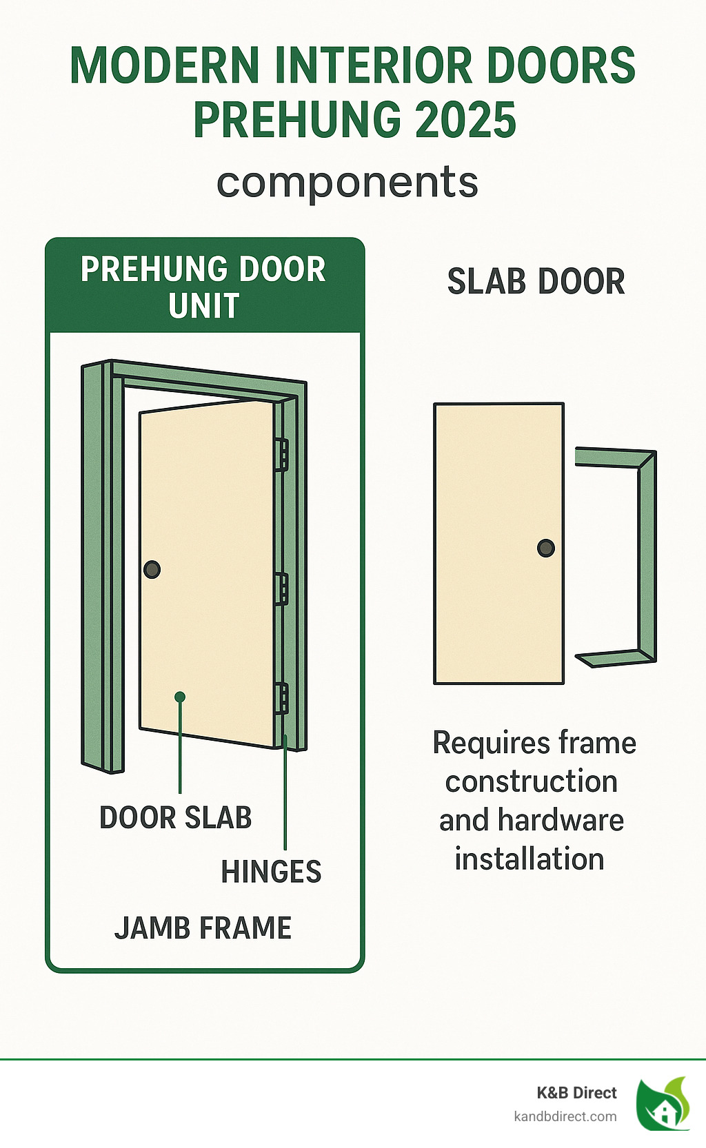 Infographic showing prehung door components including door slab mounted on hinges within jamb frame versus separate slab door requiring frame construction and hardware installation - modern interior doors prehung infographic 