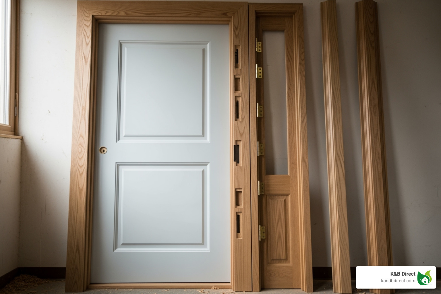 pre-hung door unit showing the slab, jamb, and casing - modern interior wood doors