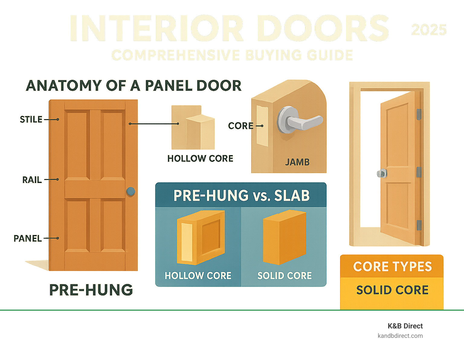 Comprehensive interior door buying guide showing door anatomy with labeled parts including stile, rail, panel, core types, jamb, and hardware components, plus comparison chart of pre-hung vs slab installation methods - interior foors infographic Comprehensive interior door buying guide showing door anatomy with labeled parts including stile, rail, panel, core types, jamb, and hardware components, plus comparison chart of pre-hung vs slab installation methods - interior foors infographic