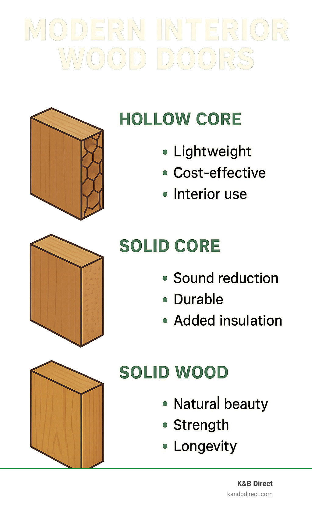 Comprehensive guide showing the construction differences between hollow core doors with cardboard honeycomb interior, solid core doors with engineered wood composite filling, and solid wood doors with natural wood throughout, including cross-sectional views and benefits of each type for modern interior applications - modern interior wood doors infographic 