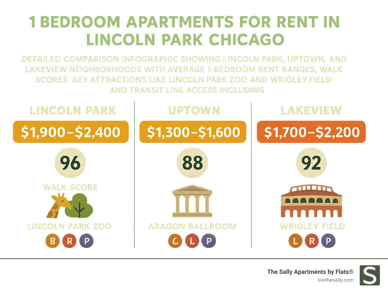 Detailed comparison infographic showing Lincoln Park, Uptown, and Lakeview neighborhoods with average 1-bedroom rent ranges, Walk Scores, key attractions like Lincoln Park Zoo and Wrigley Field, and transit line access including Brown, Red, and Purple lines - 1 bedroom apartments for rent in lincoln park chicago infographic 