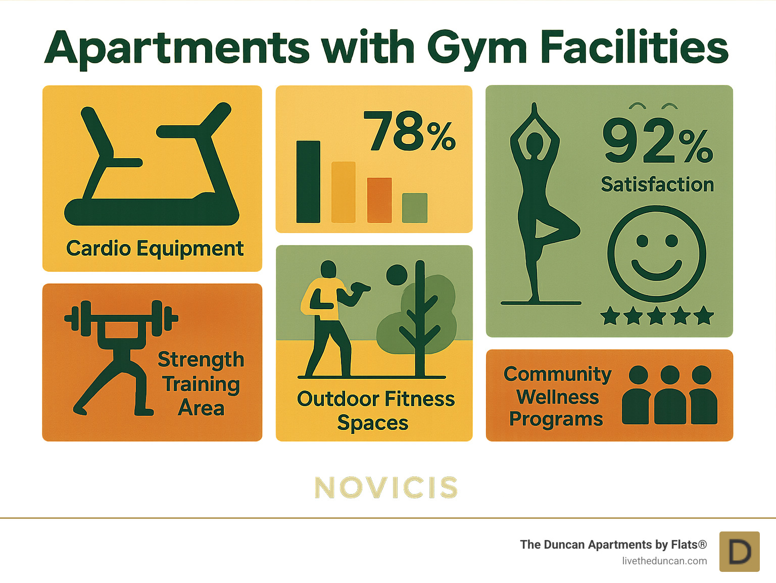 Comprehensive breakdown of apartment gym amenities including cardio equipment, strength training areas, yoga studios, outdoor fitness spaces, and community wellness programs with usage statistics and resident satisfaction ratings - Apartments with gym facilities infographic Comprehensive breakdown of apartment gym amenities including cardio equipment, strength training areas, yoga studios, outdoor fitness spaces, and community wellness programs with usage statistics and resident satisfaction ratings - Apartments with gym facilities infographic