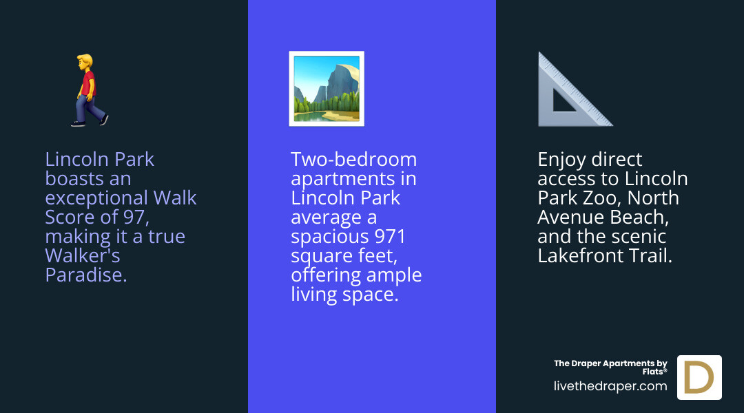 Detailed infographic showing Lincoln Park apartment statistics including Walk Score of 97, proximity to lakefront within 0.5 miles, over 240 two-bedroom rental listings available, average commute times to downtown Chicago via CTA lines, and breakdown of building types from historic brownstones to modern high-rises - two bedroom apartments lincoln park chicago infographic 3_facts_emoji_blue
