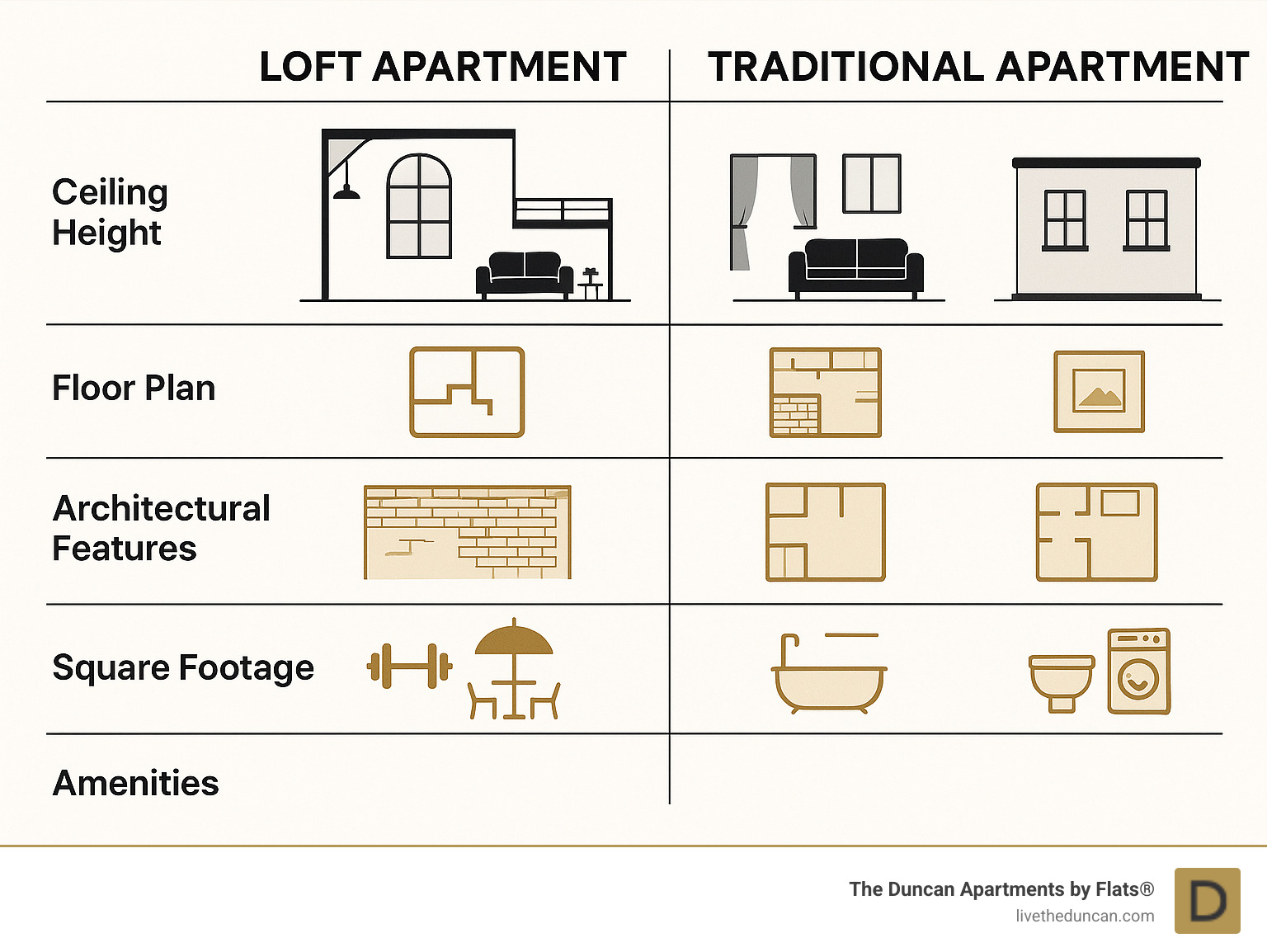Comprehensive comparison chart showing key differences between loft apartments and traditional apartments, including ceiling heights, floor plans, architectural features, typical square footage ranges, and common amenities found in each type - loft for rent infographic 