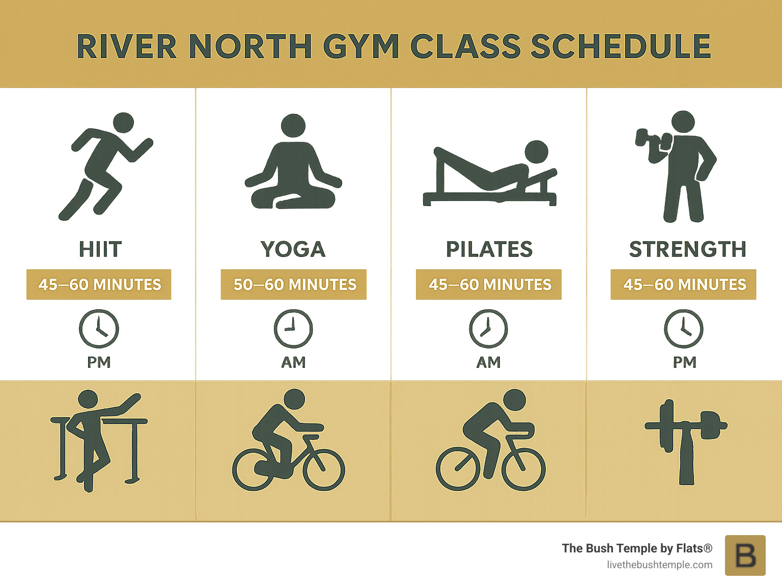 Comprehensive overview of River North fitness class types including HIIT, yoga, Pilates, barre, cycling, and strength training with typical class durations and peak booking times - river north gym class schedule infographic Comprehensive overview of River North fitness class types including HIIT, yoga, Pilates, barre, cycling, and strength training with typical class durations and peak booking times - river north gym class schedule infographic