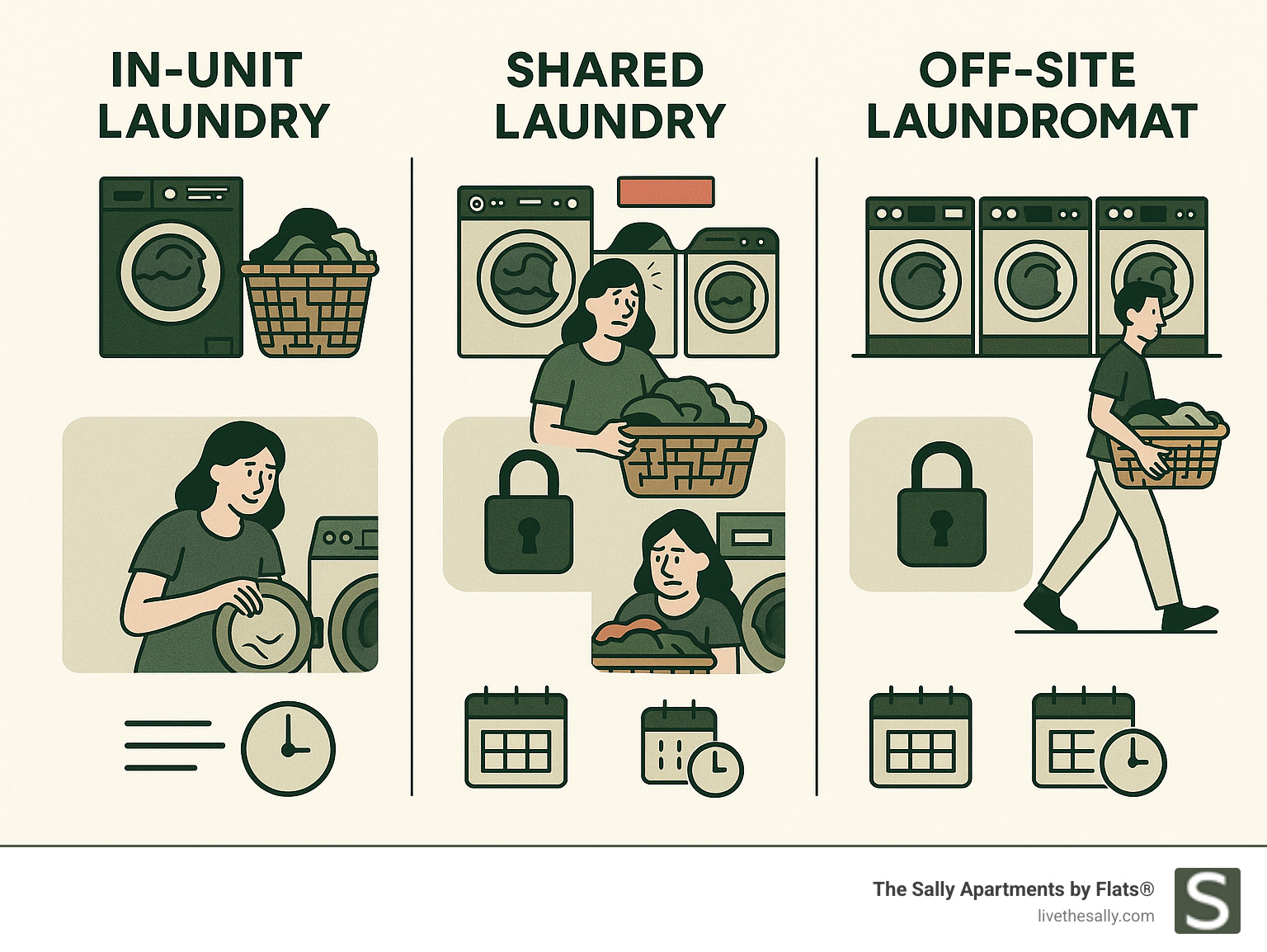 Comprehensive comparison infographic showing in-unit laundry versus shared laundry facilities and off-site laundromats, highlighting convenience levels, privacy benefits, scheduling flexibility, and typical usage processes for each option - in unit laundry apartments infographic Comprehensive comparison infographic showing in-unit laundry versus shared laundry facilities and off-site laundromats, highlighting convenience levels, privacy benefits, scheduling flexibility, and typical usage processes for each option - in unit laundry apartments infographic