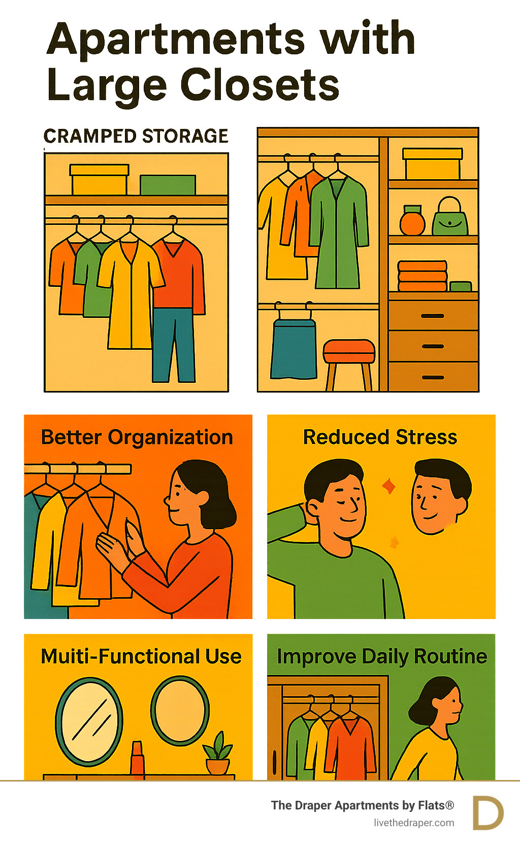 Infographic showing how large closets improve apartment living through better organization, reduced stress, multi-functional space usage, and improved daily routines with visual comparisons between cramped vs spacious storage solutions - apartments with large closets infographic 