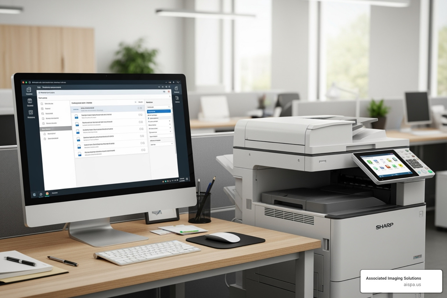 PaperCut MF dashboard beside a Sharp BP 50C45 MFP – print management software