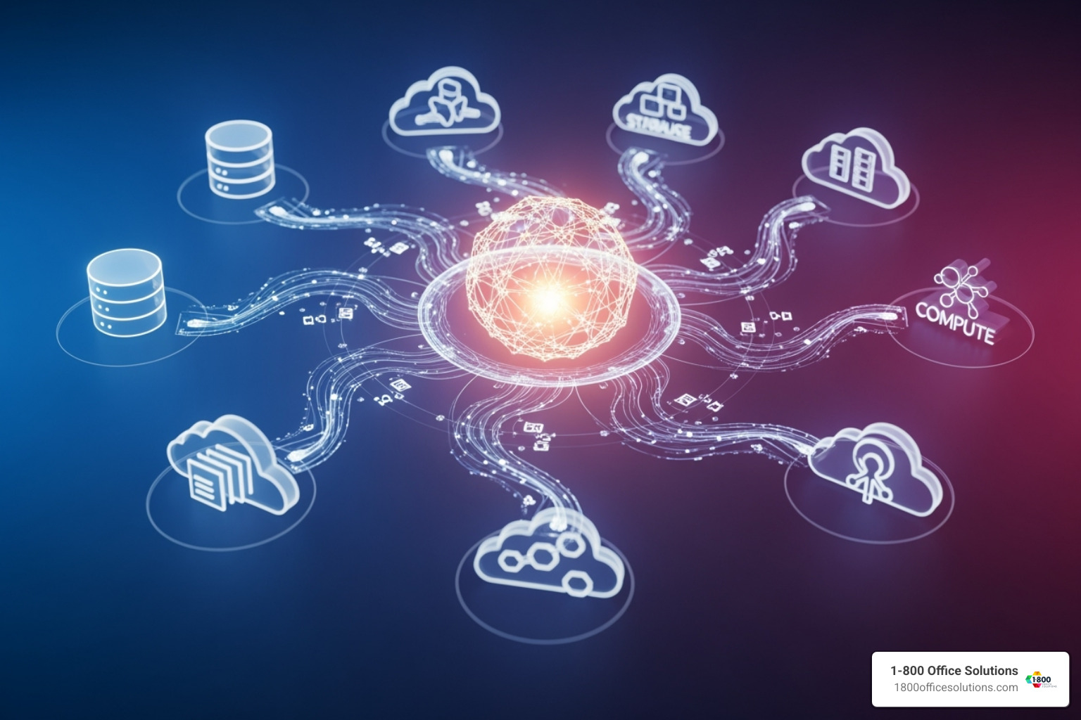 various cloud service icons connected to a central business hub - IT support services company various cloud service icons connected to a central business hub - IT support services company