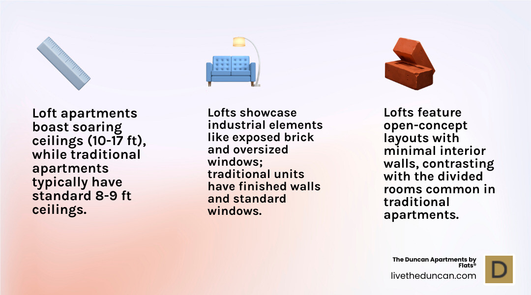 Infographic showing the key differences between loft apartments and traditional apartments, including ceiling height comparisons (10-15 feet vs 8-9 feet), floor plan layouts (open concept vs divided rooms), window sizes (oversized vs standard), and architectural features (exposed elements vs finished walls) - loft apartment infographic 3_facts_emoji_light-gradient Infographic showing the key differences between loft apartments and traditional apartments, including ceiling height comparisons (10-15 feet vs 8-9 feet), floor plan layouts (open concept vs divided rooms), window sizes (oversized vs standard), and architectural features (exposed elements vs finished walls) - loft apartment infographic 3_facts_emoji_light-gradient