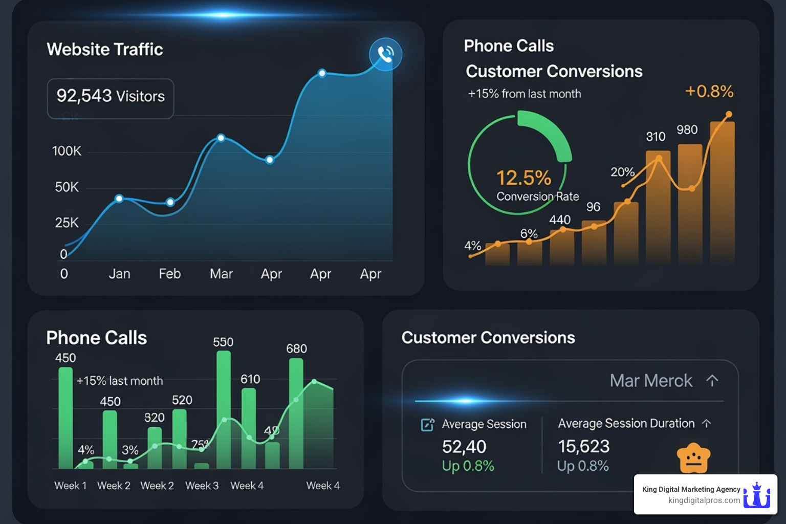 A dashboard showing positive trends in website traffic, calls, and conversions for a plumbing business - Local SEO for plumbers