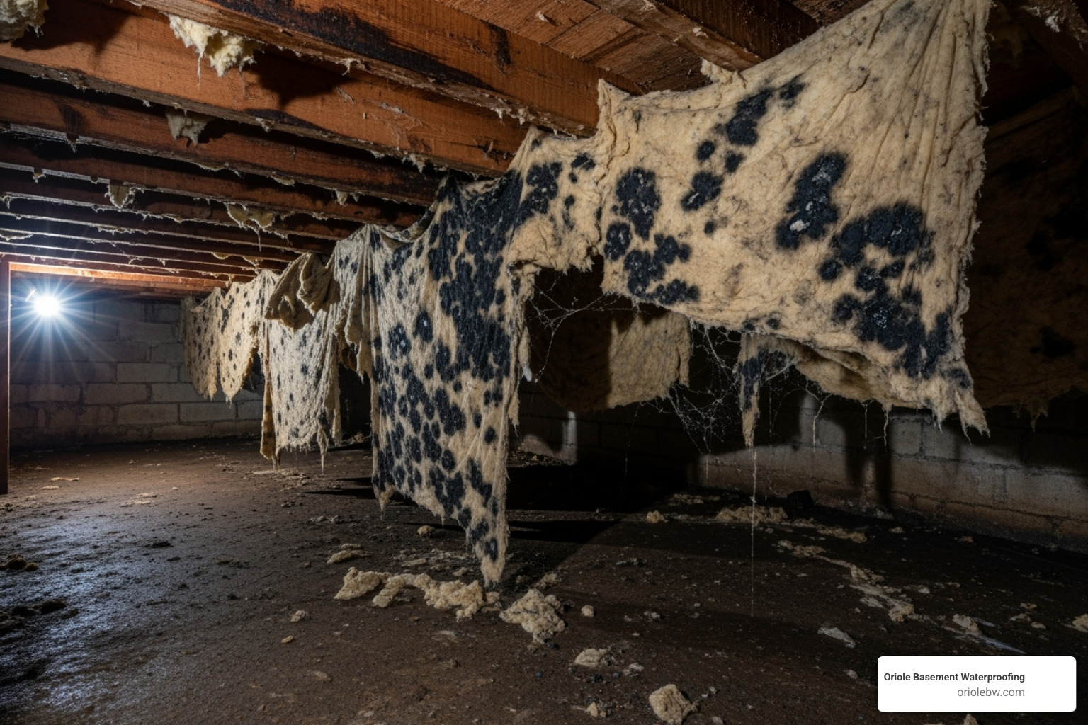 Moldy, sagging fiberglass insulation in a damp crawl space - crawl space encapsulation systems Moldy, sagging fiberglass insulation in a damp crawl space - crawl space encapsulation systems