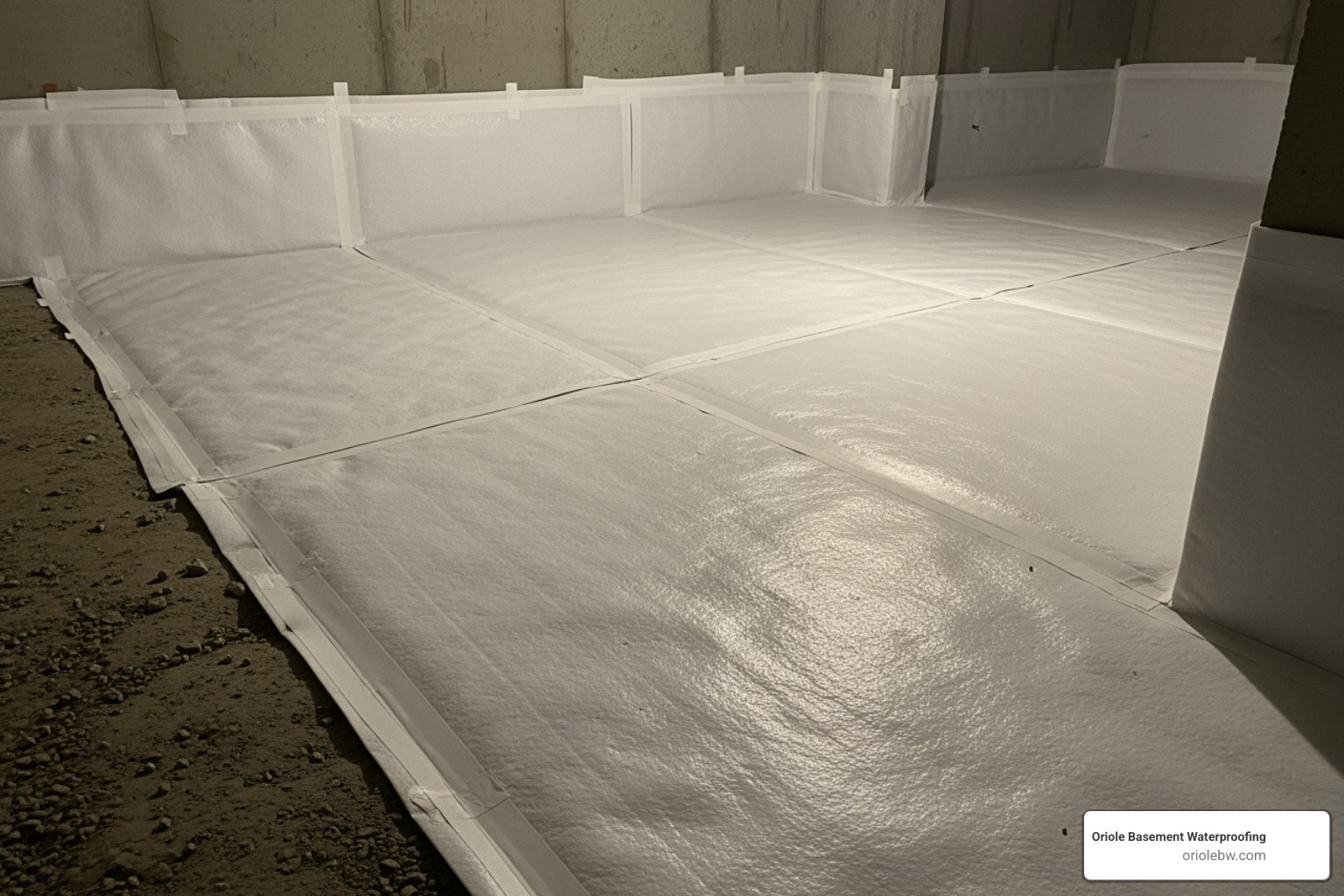 A thick, white vapor barrier being carefully installed on a crawl space floor and walls, demonstrating proper sealing techniques - crawl space encapsulation systems A thick, white vapor barrier being carefully installed on a crawl space floor and walls, demonstrating proper sealing techniques - crawl space encapsulation systems