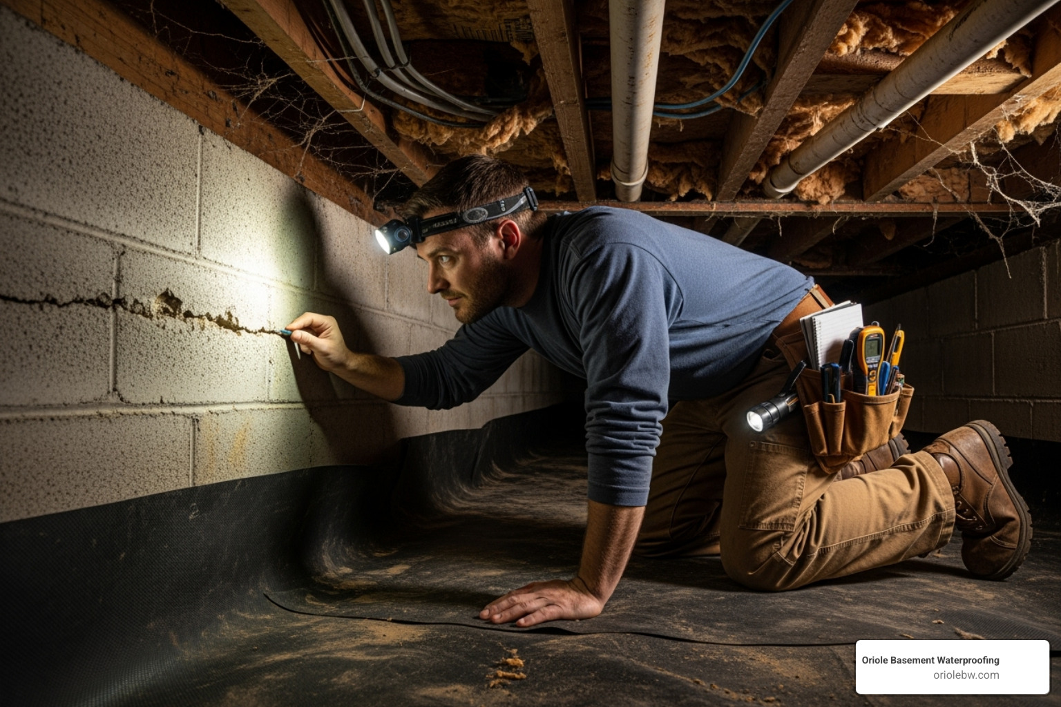 A friendly Oriole Basement Waterproofing technician inspecting a crawl space in a Maryland home - crawl space encapsulation systems A friendly Oriole Basement Waterproofing technician inspecting a crawl space in a Maryland home - crawl space encapsulation systems