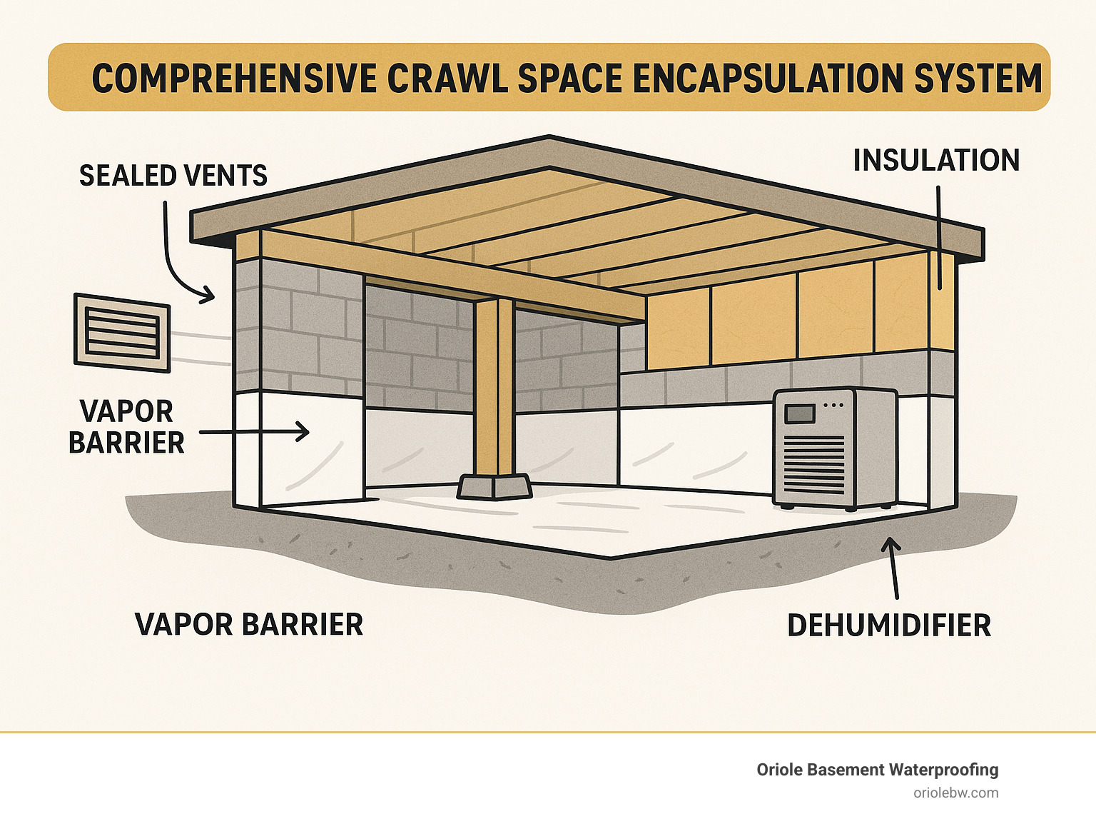 Comprehensive crawl space encapsulation system showing vapor barrier installation, sealed vents, dehumidifier placement, and proper insulation techniques that prevent moisture intrusion and improve indoor air quality - crawl space encapsulation systems infographic Comprehensive crawl space encapsulation system showing vapor barrier installation, sealed vents, dehumidifier placement, and proper insulation techniques that prevent moisture intrusion and improve indoor air quality - crawl space encapsulation systems infographic