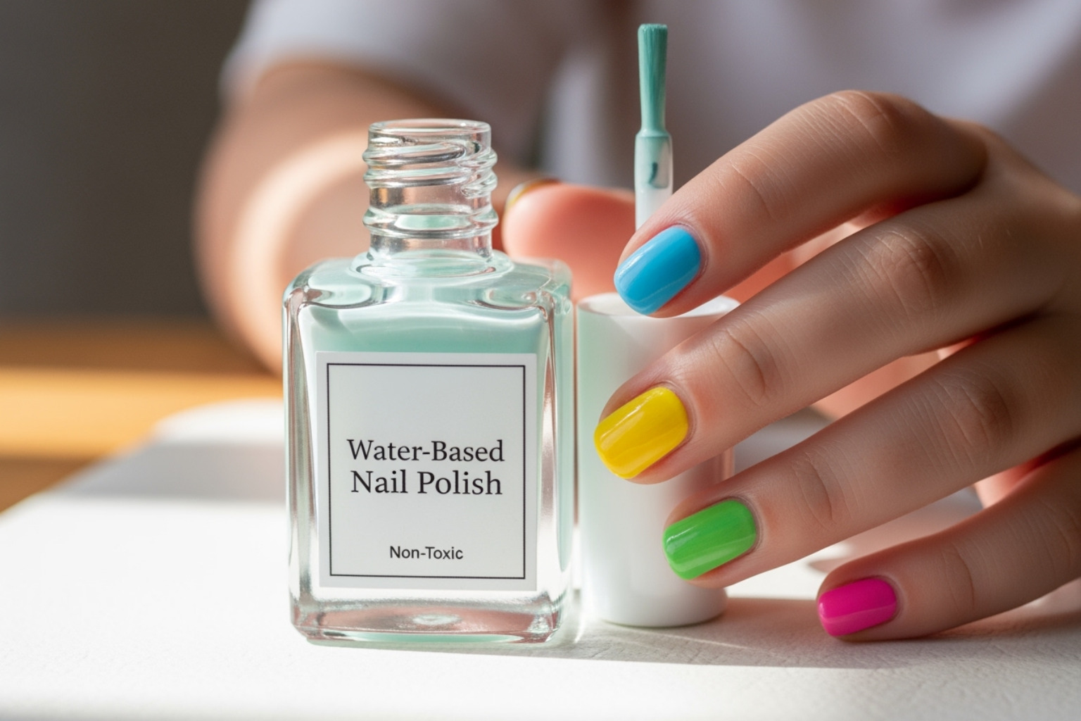 Bottle of water-based nail polish next to a child's brightly painted nails. - non toxic nail polish brands