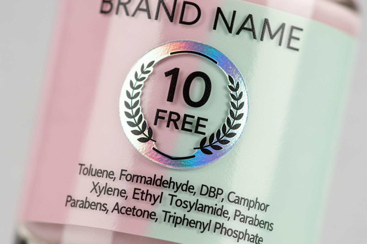 Close-up of a nail polish bottle label showing a "10-Free" symbol. - non toxic nail polish brands