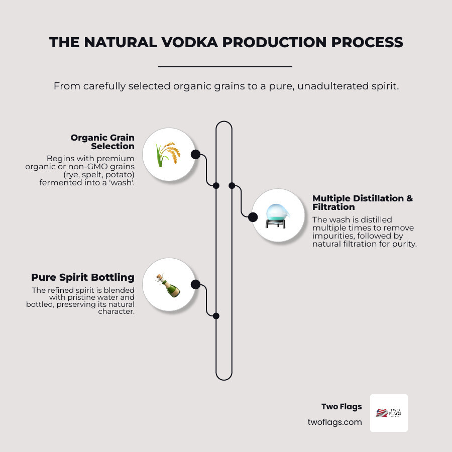 Infographic showing the natural vodka production process from organic grain selection through fermentation, multiple distillation, natural filtration, and final bottling with quality control checkpoints - natural vodka infographic infographic-line-3-steps-neat_beige